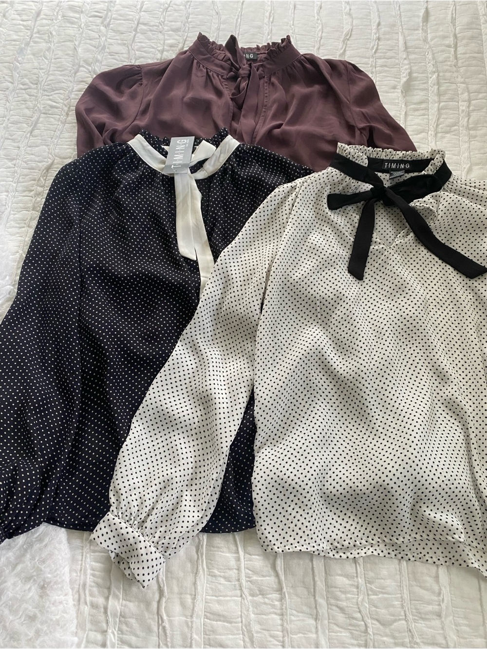 TIMING Black and White Polka Dot Tie-Neck Blouse